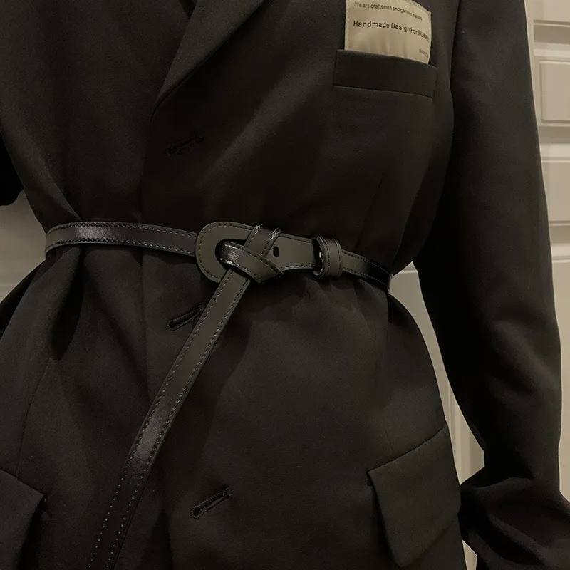 

Четырехсезонный стиль с платьем, тонкий пояс, женский костюм с украшением в узле, универсальное пальто с завязкой на талии, черный маленький пояс