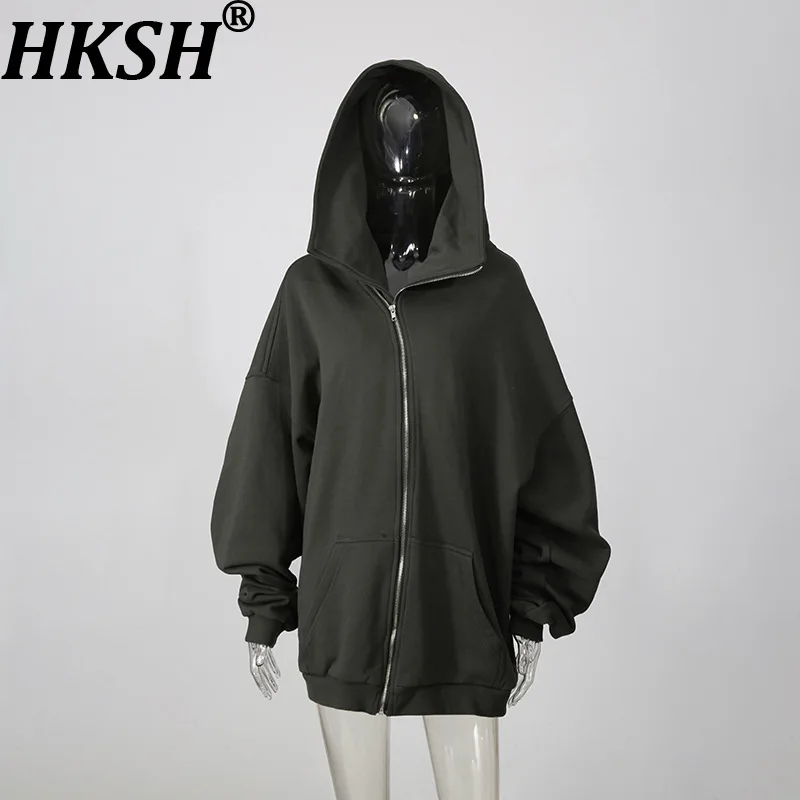 HKSH Women Sweatshirt Dark Style Trendy Casual Solid Color Asymmetrical Zipper Design Loose Long Sleeved Ins Hooded Coat HK27739