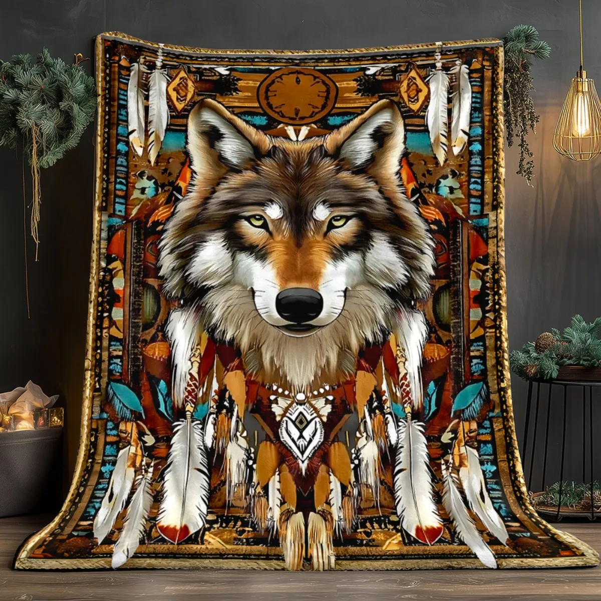 Wolf Tribal Native American Flannel Blanket Soft Dreamcatcher Design Turquoise Brown for Bed Sofa Camping All Seasons Gift