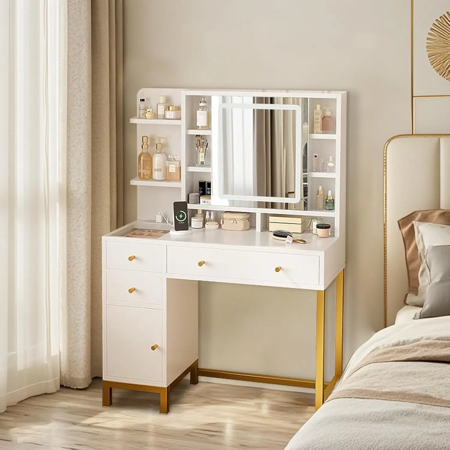 White Vanity Desk with Mirror and LED Lights, Makeup Vanity with Power Strip Storage Cabinet, 3 Drawers, 8 Open Shelves, 2 Hidden Shelves, Makeup Table with Lighted Mirror, 3 Lighting Colors