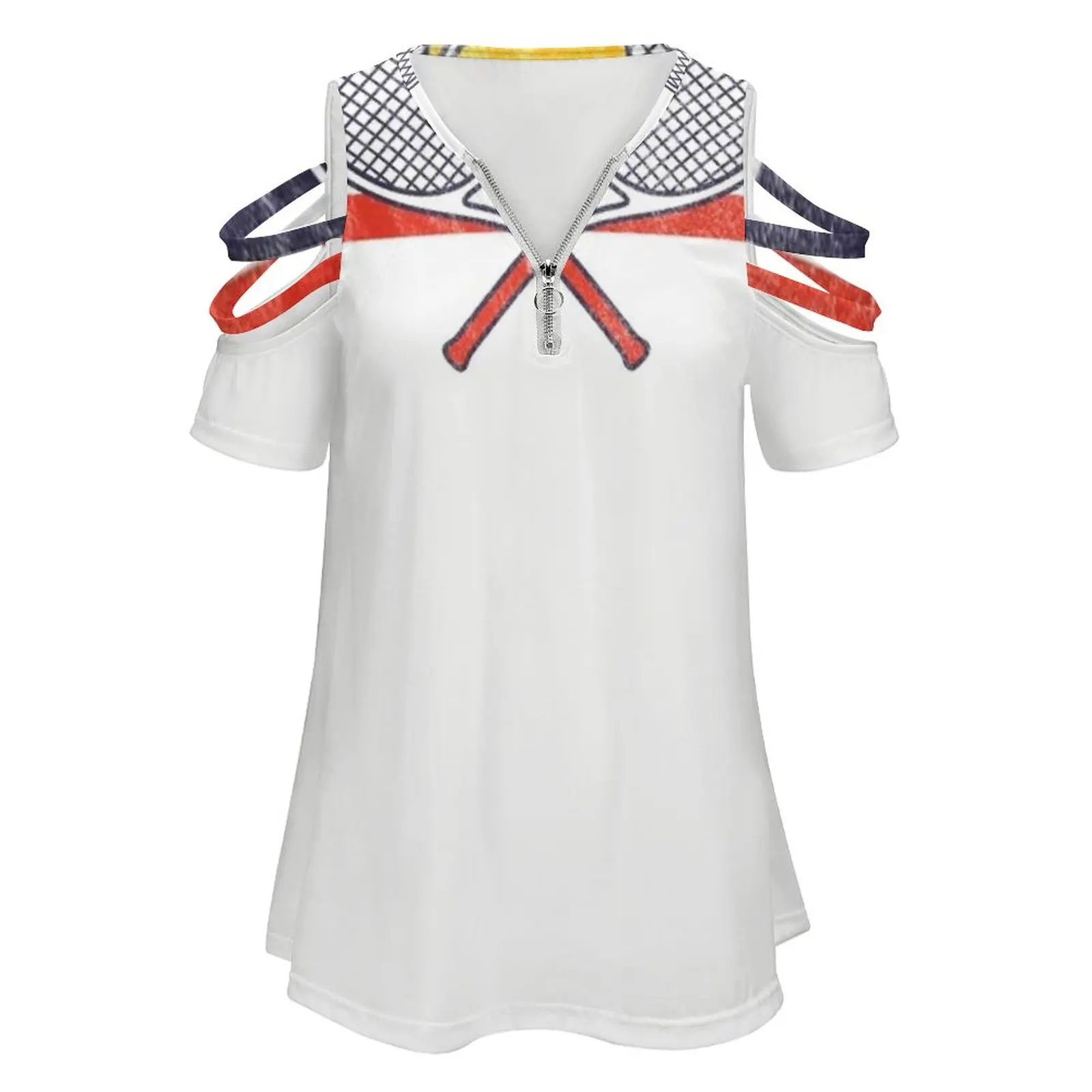 Retro Tennis Tennis Racket Tennis Ball New Fashion Zip Off Shoulder Top Short-Sleeve Women Shirt Tennis Tennis Court Tennis