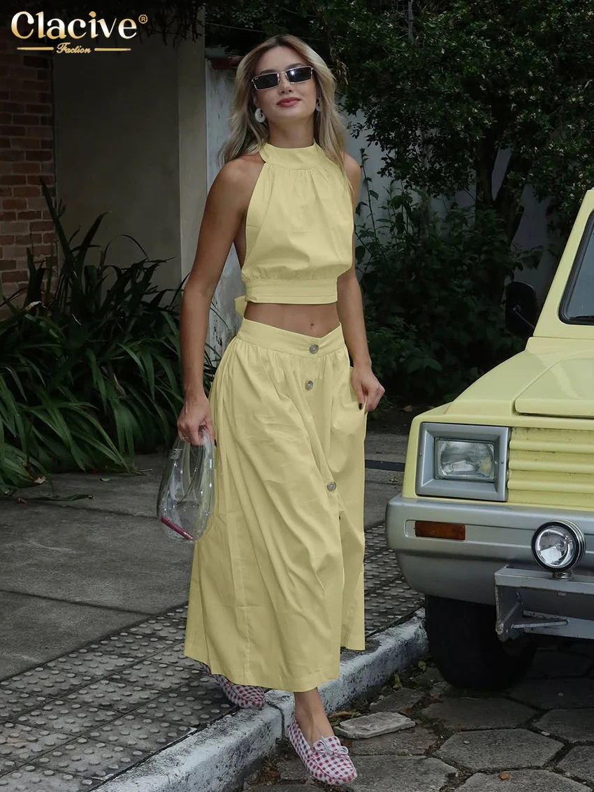 

Clacive Fashion Loose Yellow Cotton 2 Pieces Set For Woman Elegant Sleeveless Tank Top With High Waist Long Skirt Set Female