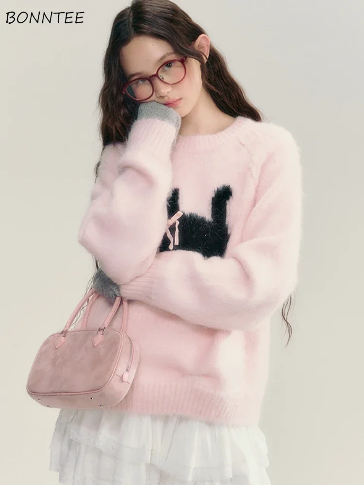 Fluffy Pullovers Women Cat Print Sweet Bow Design Warm Autumn Winter Knitted Sweaters Gentle Ulzzang Aesthetic Jumper Students