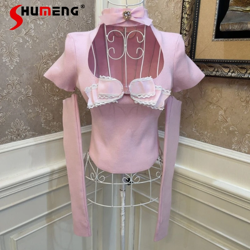 

Sweet Woman Embroidered Bow Knitted Top Lolita 2024 Spring New Princess Kawaii Lace Trim Turtleneck Oversleeve Short Knit Shirt