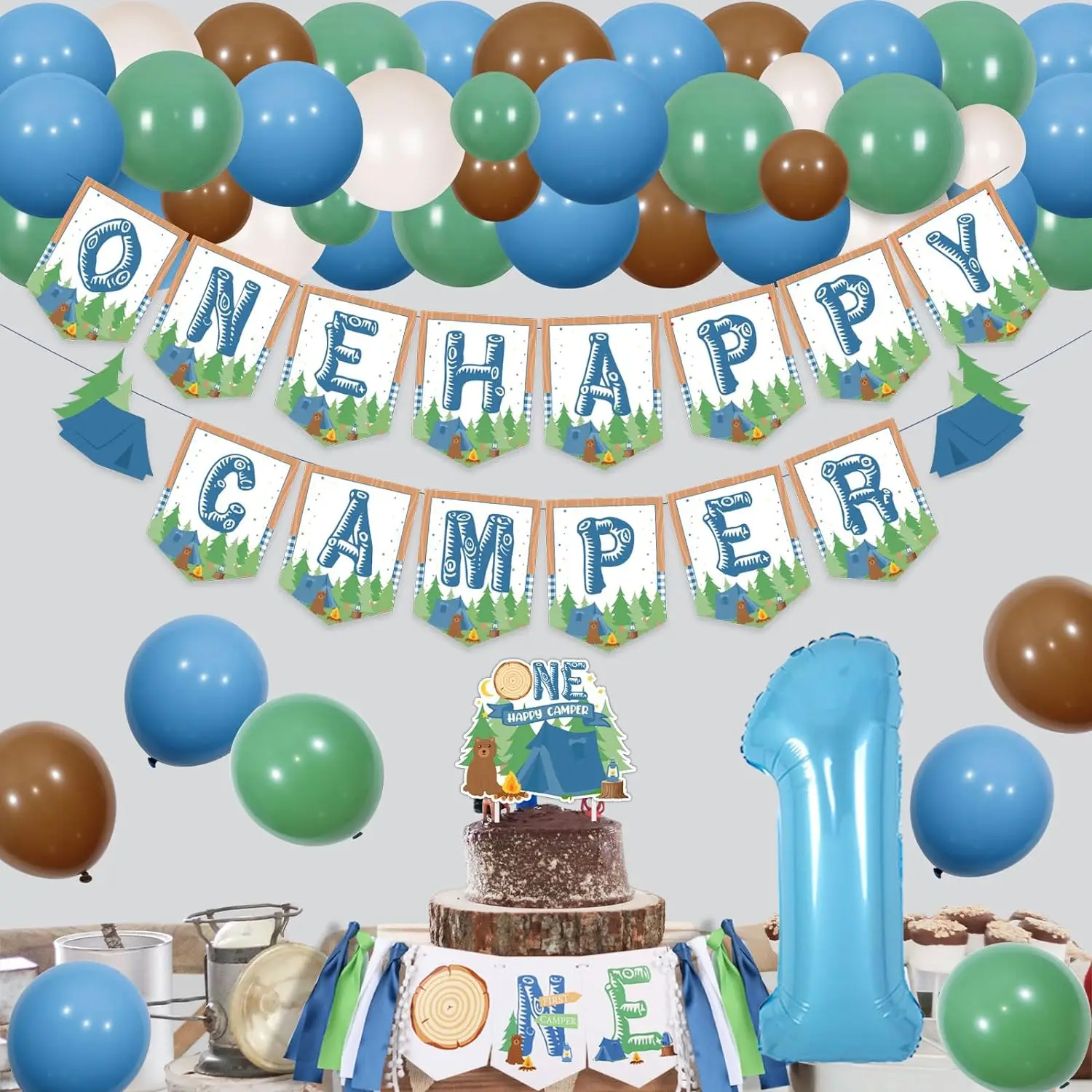 One Happy Camper 1st Birthday Decor Banner Cake Topper Balloon Arch Number1 Balloon for Jungle Camping Adventure Lumberjack