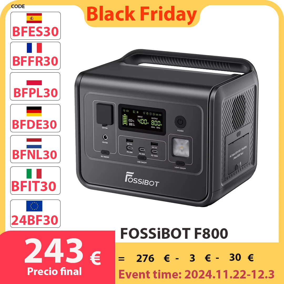 FOSSiBOT F800 Portable Power Station, 512Wh LiFePO4 Solar Generator, 800W AC Output, 200W Max Solar Input, 8 Outlets, LED Light