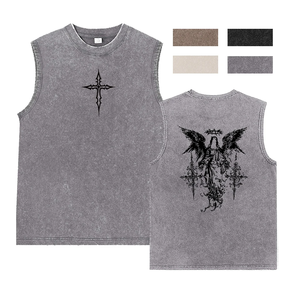 Summer Men's/Women's Vintage Washed Cotton Sleeveless T-Shirt Streetwear Y2K Hip Hop Gothic Cross Angel Wings Print Tank Top