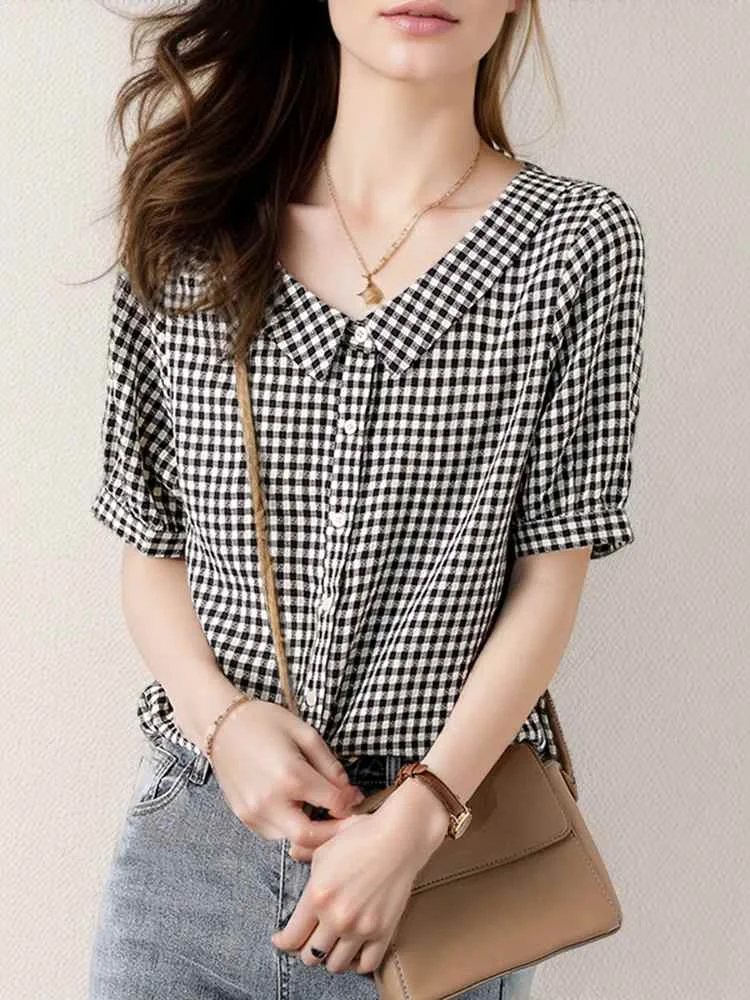 ZANZEA Women Plaid Shirt 2024 Summer Short Sleeve Blusas Sweety Doll Collar Blouse Korean Fashion Buttons Loose Tops Oversized