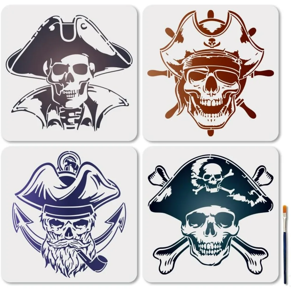 

4 шт. трафарет с изображением черепа и капитана, многоразовые шаблоны для рисования морских пиратских кораблей с кистью для украшения пола, деревянной бумаги