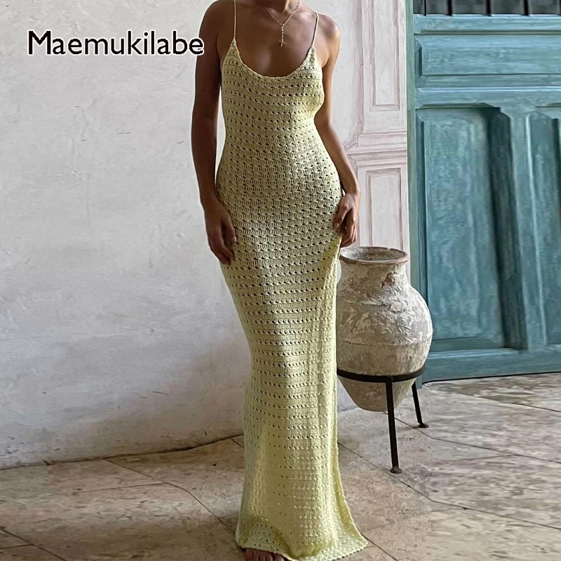 Maemukilabe Beach Boho Knitted Maxi Dress Women Slim Split Dress Vintage Crochet Backless Tie Up Long Dress Cocktail Club Party