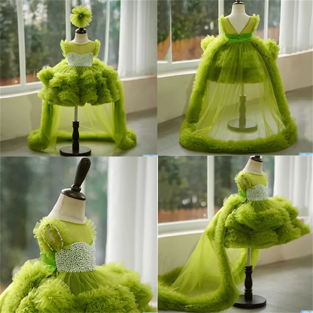 

Green Pearls Wedding Flower Girl Dress For Tulle Layered Puffy With Baby Kids Birthday Party Ball First Communion Gowns