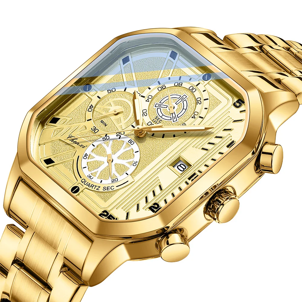 CHENXI Watches For Man Multifunctional Men's Watch Calendar Waterproof Gold Stainless Steel Strap Square Quartz Wristwatch Gift