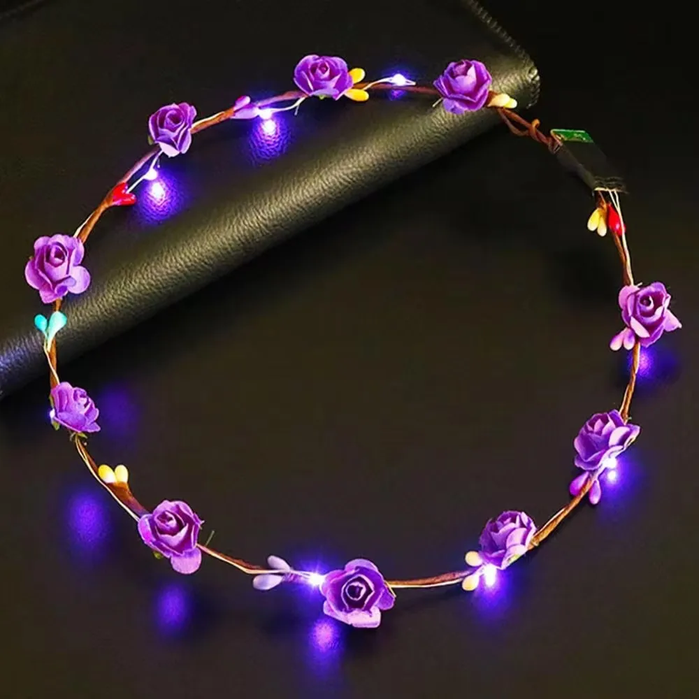 10Pcs LED Flower Crown Headband Light Up Flower Headbands for Women Garlands Glowing Floral Wreath Crowns for Wedding Party