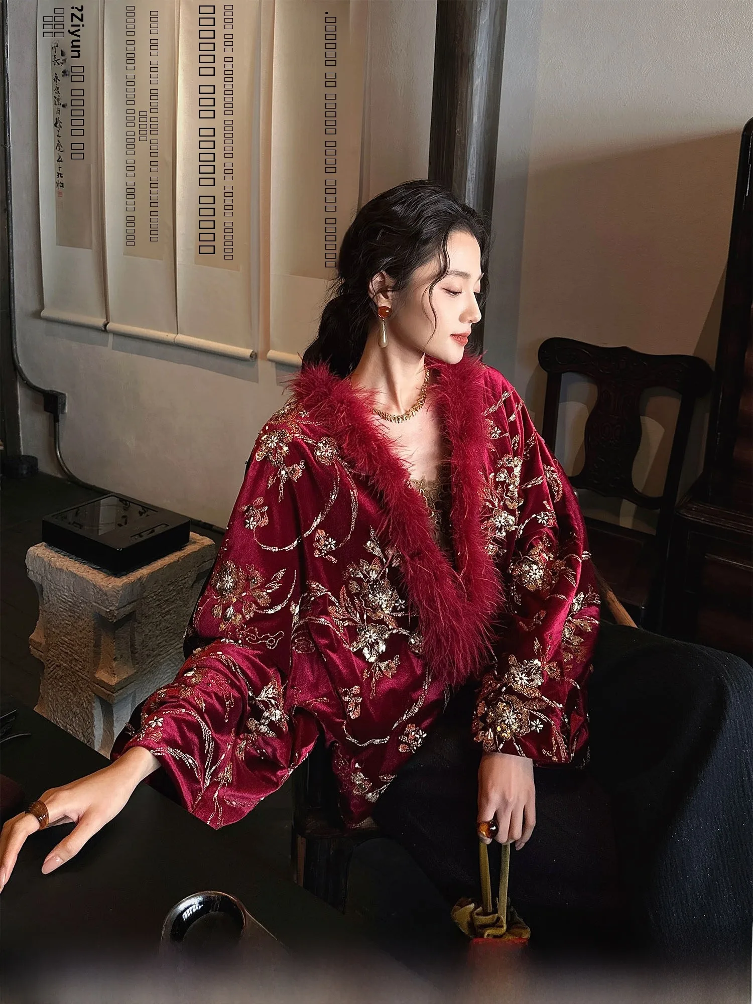 

Женское пальто Sanji Bla Flower с вельветовым воротником, хлопковое, с тяжелой вышивкой, зимнее, новинка, модное