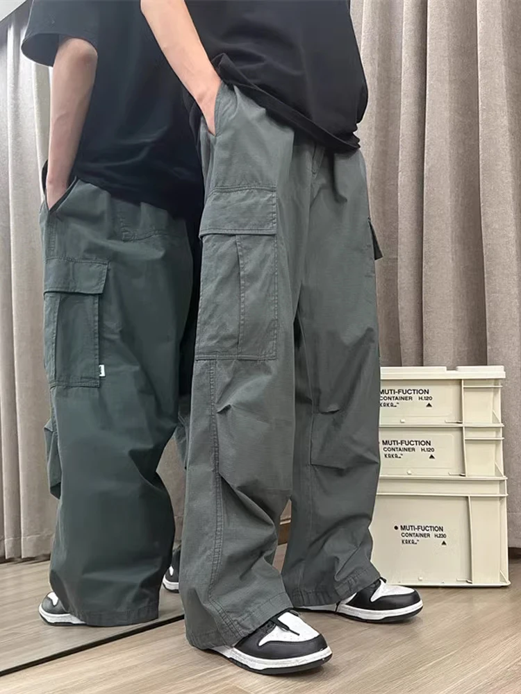 American Retro Grey Workwear Pants Men Summer Thin Loose Straight Japanese Style Multi Pocket Paratrooper Casual Trousers