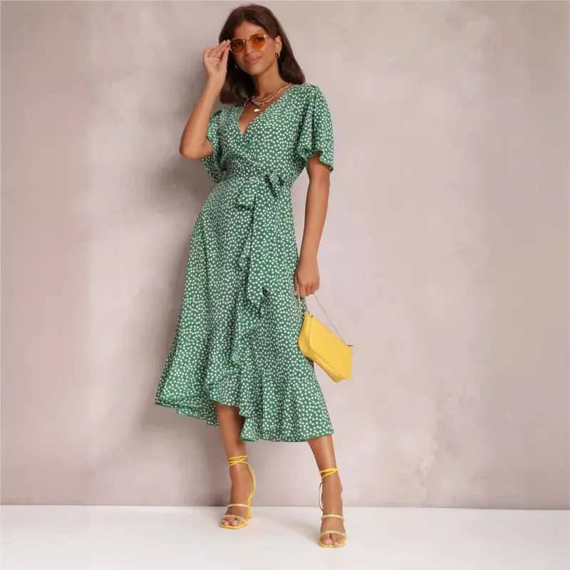 Women's Sexy V-neck Irregular High Waisted Lace Up Chiffon Printed Dress With Floral Ruffle Sleeves Women's Mid Length Dress Y2k