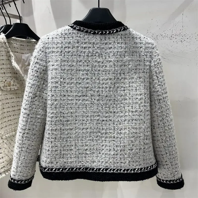 Wanita Tweed O-neck jaket longgar atasan desain Korea kancing sebaris Vintage Manteau Musim Semi jatuh lengan panjang Abrigos Blusas baru