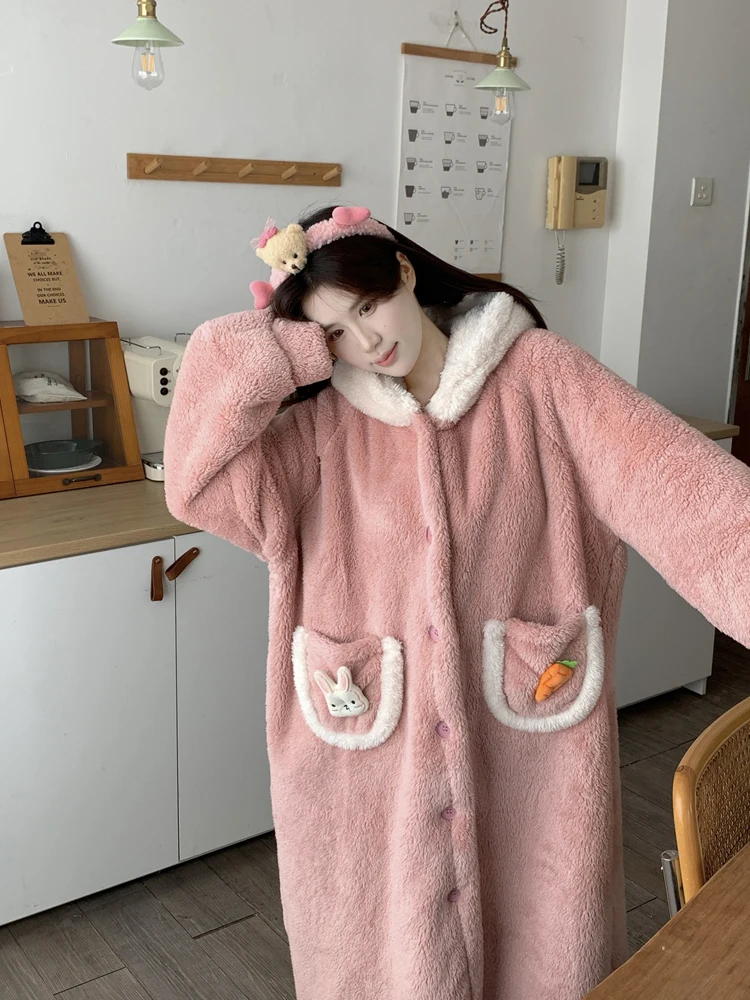 Winter Full Sleeve Kawaii Rabbit Ear Hooded At Home Thickening Flannel Comfort Pajamas Single breasted Sweety Pink Pajamas Dress