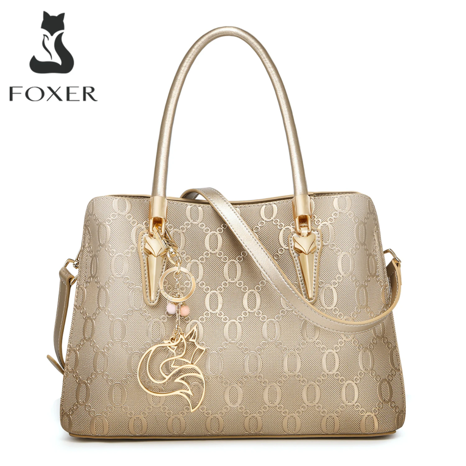 FOXER Cowhide Leather Handbag Luxury Golden Embossed Women's Crossbody Bag Large Capacity Ladies Daily Commute Shoulder Purse