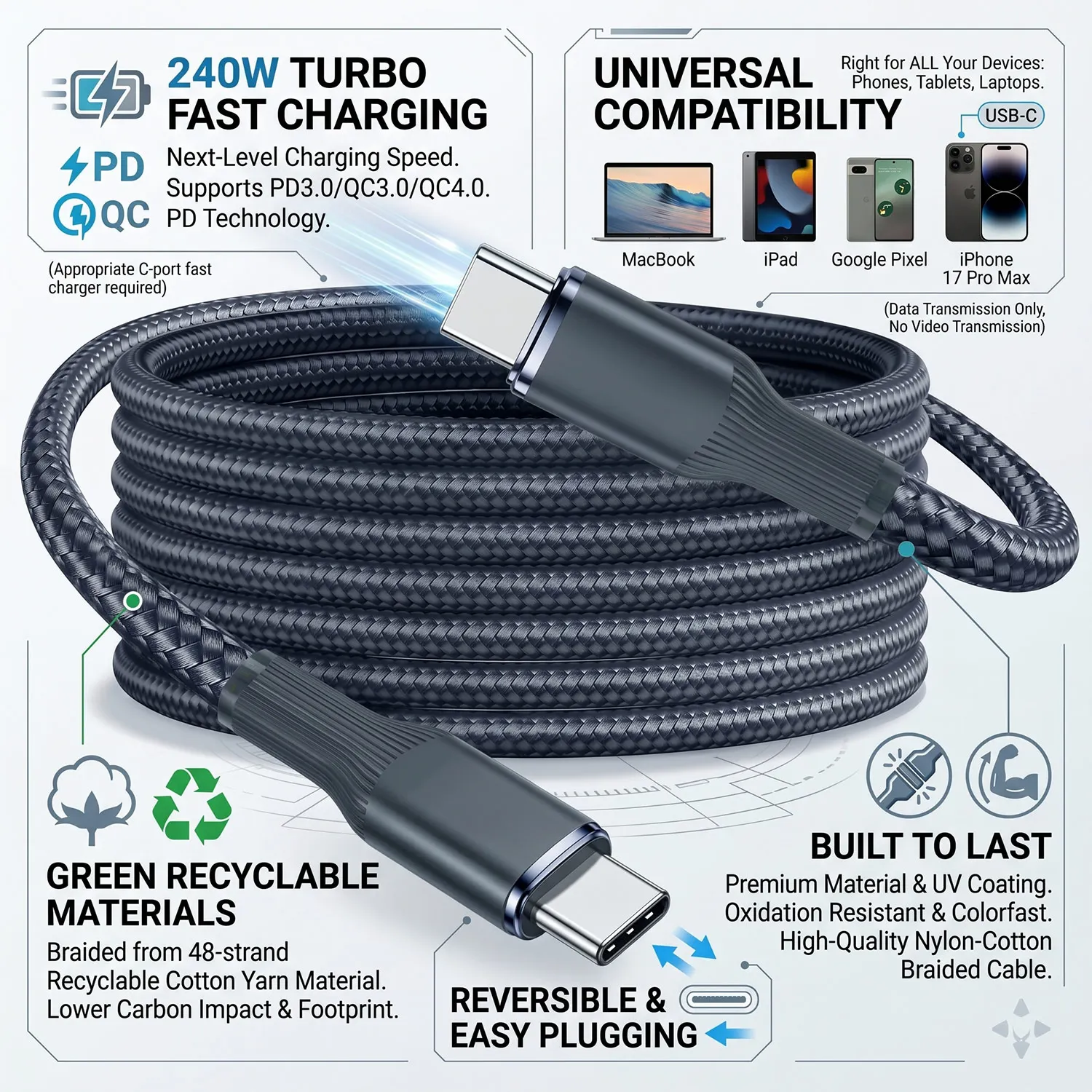 240W Type C to Type C Fast Charging Cable PD High‑Speed Charge Cable Phone Quick Charge Cord For iPhone Samsung Xiaomi Huawei ﻿