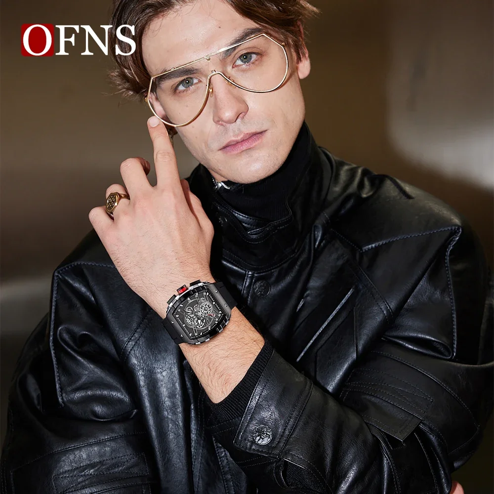 OFNS-reloj analógico de goma para hombre, nuevo accesorio de pulsera de cuarzo resistente al agua con calendario, complemento masculino de marca de lujo con diseño de barril de vino, 8029