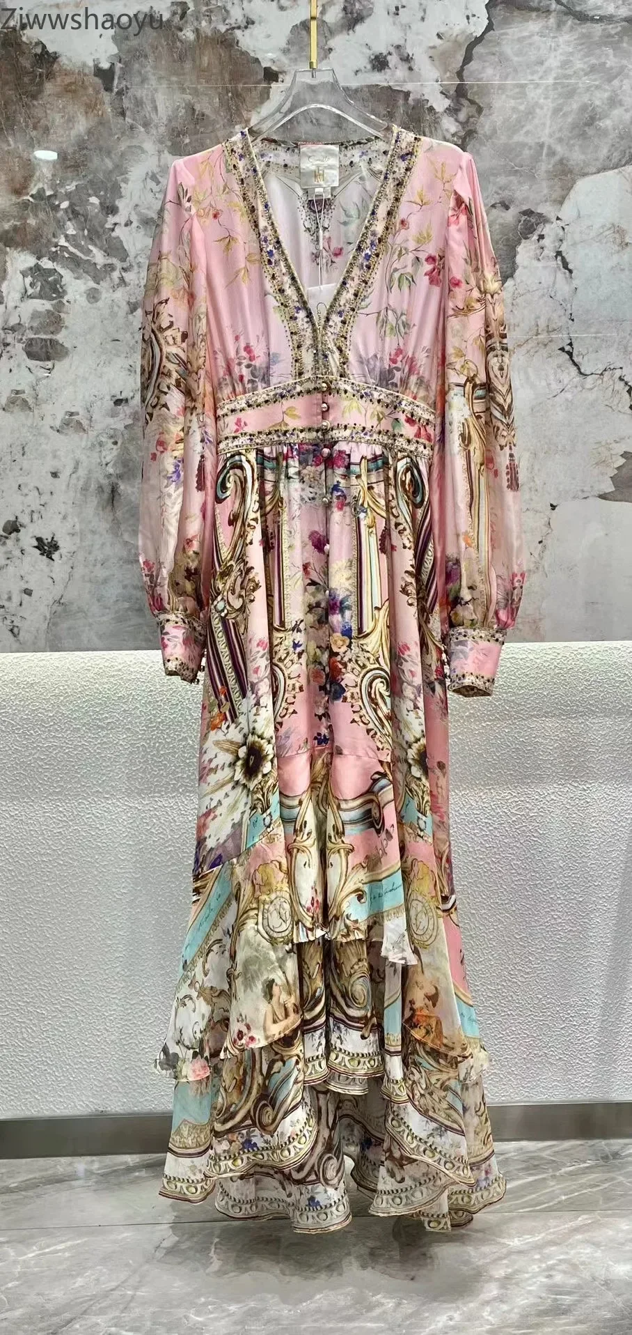 

High Quality Autumn Women Fashion Runway Designer Heavy Beaded Flower Printed Multi-layer Ruffles Bohemian Style Maxi Silk Dress