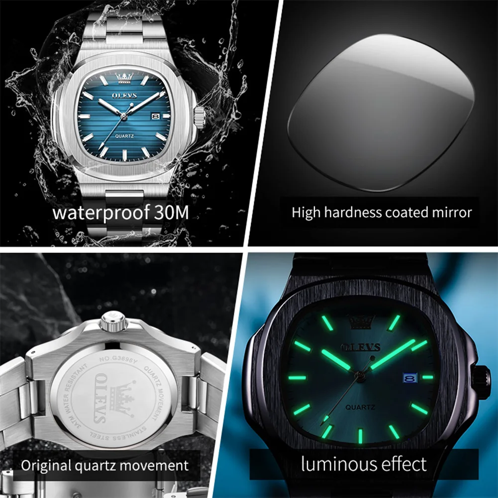 OLEVS 3696 New Men Watch Fashion Simple Calendar Waterproof Stainless Steel Square Quartz Watch Top Luxury Brand Men Watch Reloj