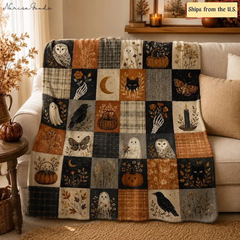 Vintage Halloween Blanket, Patchwork Ghost Owl Black Cat Throw, Pumpkin Crow Moth Fall Decor, Spooky Cottagecore Autumn Halloween Gift