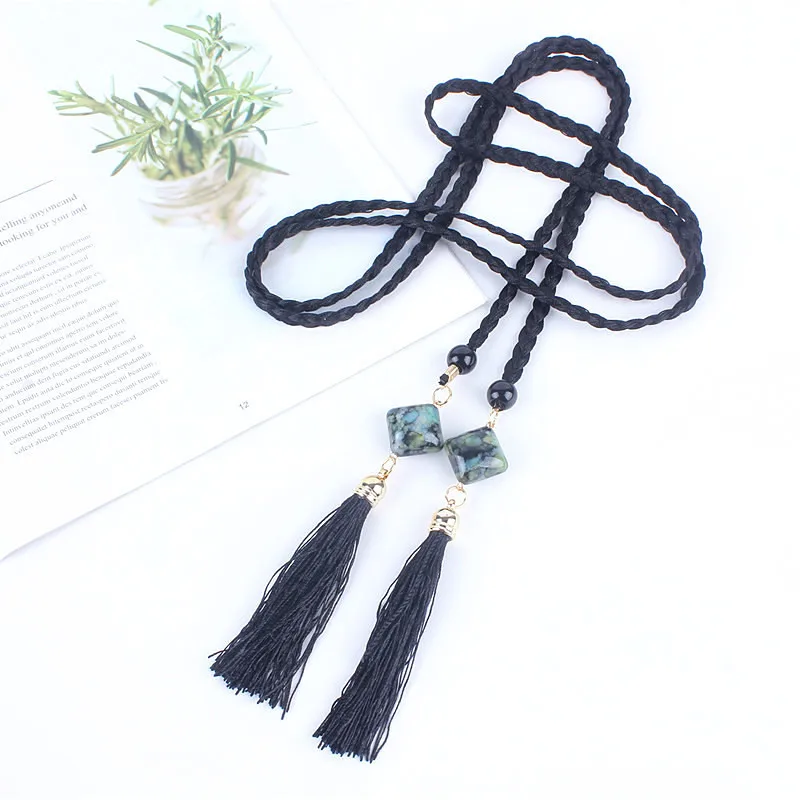 

Ladies Black Weaving Braided Belts for Women Korean Corset Knittting Tassel Rope Strap Decoration Skirt Dress Accessories