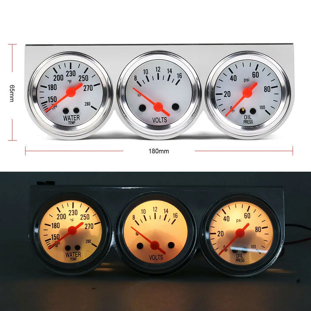 

Auto Car Oil Pressure Water Temp Volt Meter Gauge 2'' 52mm With Sensor Triple Gauge Set Mechanical Chrome Panel White Face