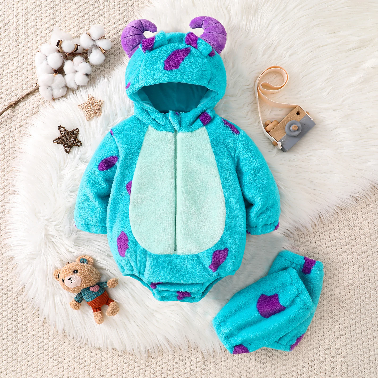 VISgogo Toddler Baby Animal Costume Fleece Long Sleeve Hooded Romper Leg Warmers Halloween Cosplay Outfit