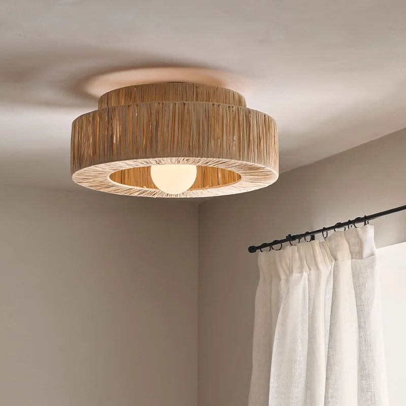 Japanese Retro Rotundity Double-layer Handmade Grass Weaving Pendant Lights Living Room Bedroom Restaurant Kitchen Hanging Lamps
