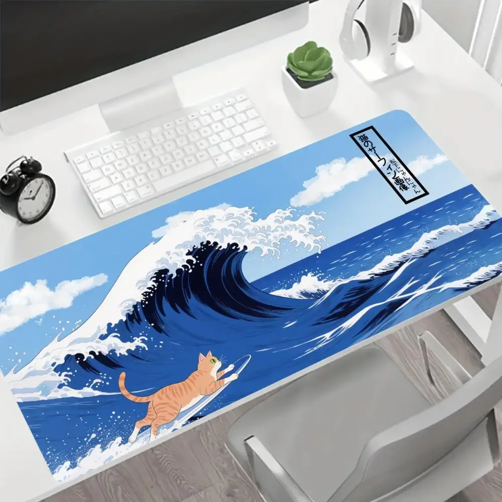 แผ่นรองเมาส์สำหรับเล่นเกมขนาดใหญ่ XXL ดีไซน์ลายคลื่นทะเล พร้อมลูกแมว ขอบเย็บ เหมาะสำหรับใช้ในสำนักงานและที่บ้าน