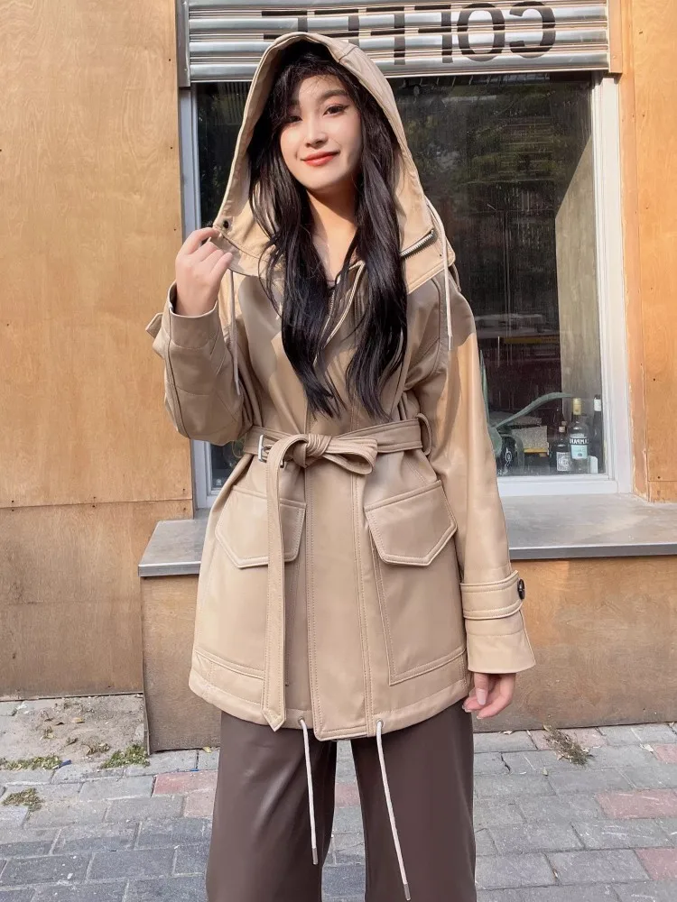 Herbst Winter Frauen Echtes Leder Jacke Oversize Mit Kapuze Casual Windjacke BF Stil Lose Fit Echt Schaffell Medium Langen Mantel