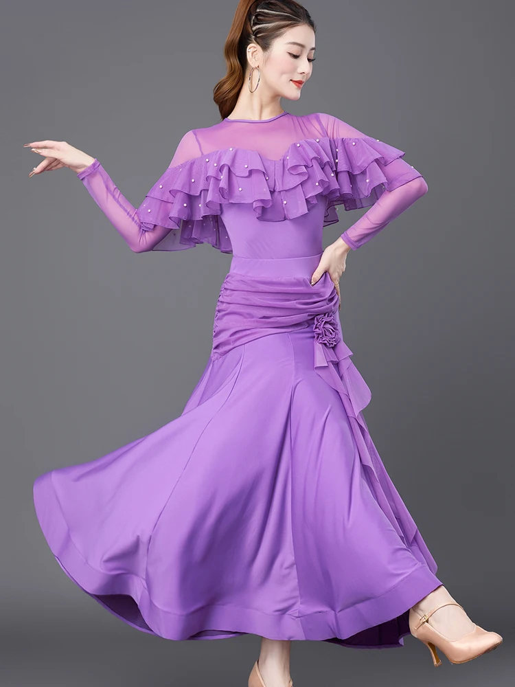 2025 Concorso di danza da sala Abbigliamento per le donne Maniche lunghe Grande Swing Skrits Vestito Valzer Danza moderna Performance Wear XH3808