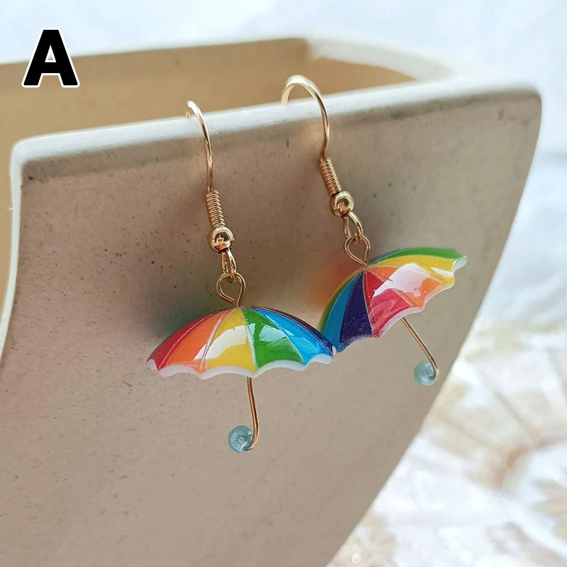 Cute Umbrella Earrings Kawaii Colored Rainbow Pearl Eardrop Ornament for Women Sweet Girls Funny Pendant Earring Jewelry