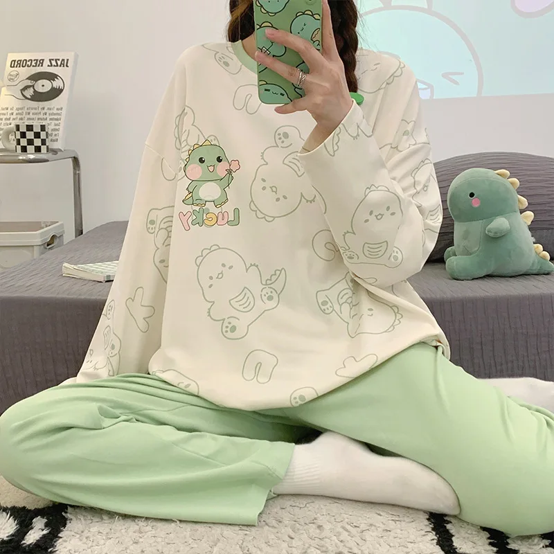 2024 New Autumn Cartoon Casual Cute Round Neck Long Sleeved Pajamas Women\'s Imitation Cotton Pajamas Cartoon Home Furnishings