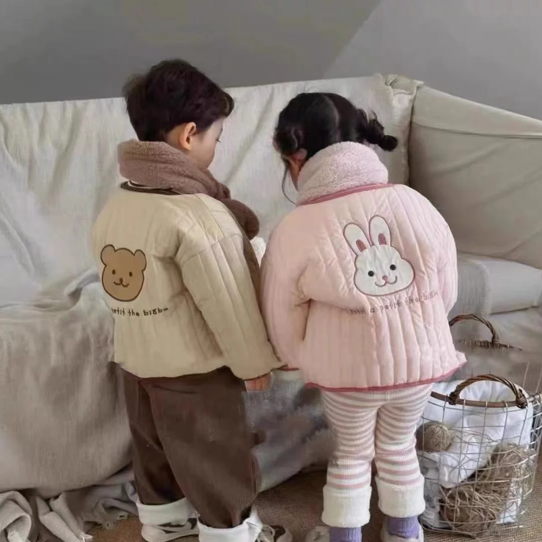 Double Side Winter Plush Kids Jacket Cute Bear Rabbit Children's Clothing Outerwear Coats 2023 Korean Thicken Kids Cotton Jacket
