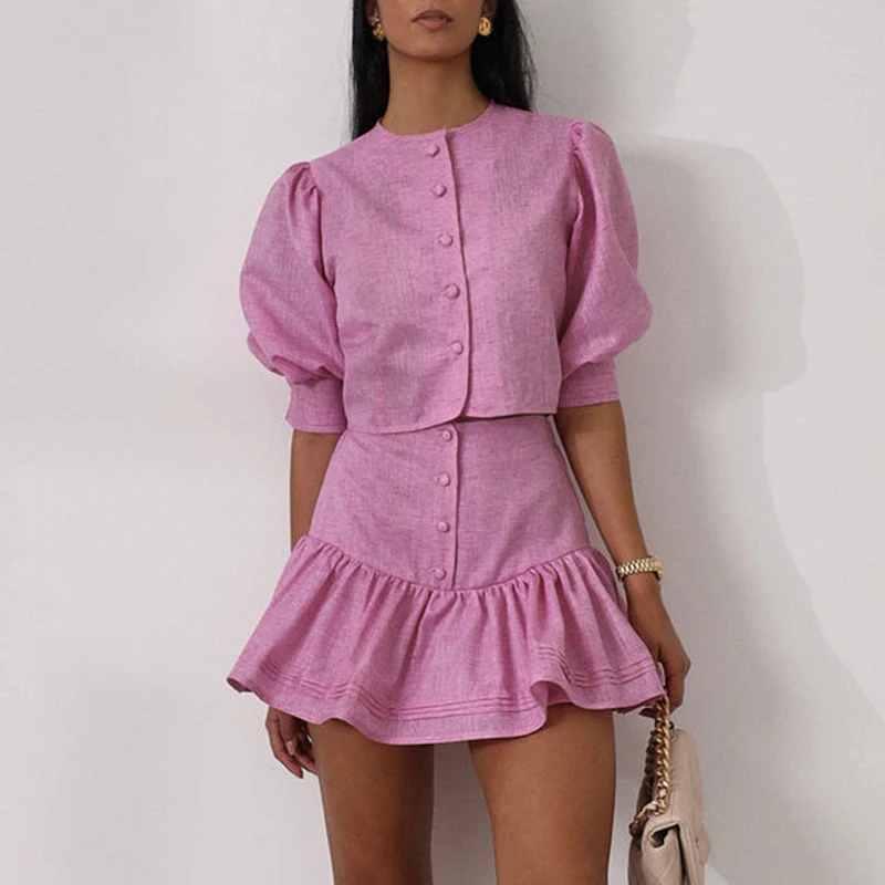 

Tornova Ruffled Fashion Mini Skirt Suit Women's Puff Sleeve T shirt Casual Splice High Waist A-line Skirt Party Vacation Outfits