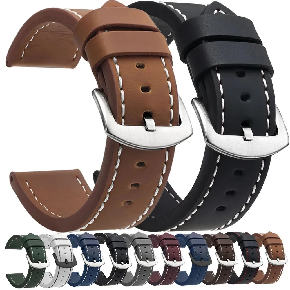 Leather Watchband 20mm 22mm Watch Strap for Galaxy Watch Ultra Bands 47mm Huawei GT4 GT3 Strap Stainless Steel Buckle Bracelet