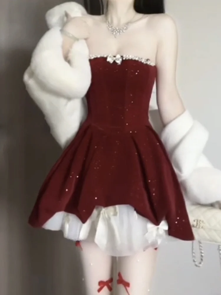 

XZY Heavyweight Velvet Tube Top Dr Women's Autumn Winter Red Cisas Sweet And Spicy Girl Sle Korean A-Line Skirt