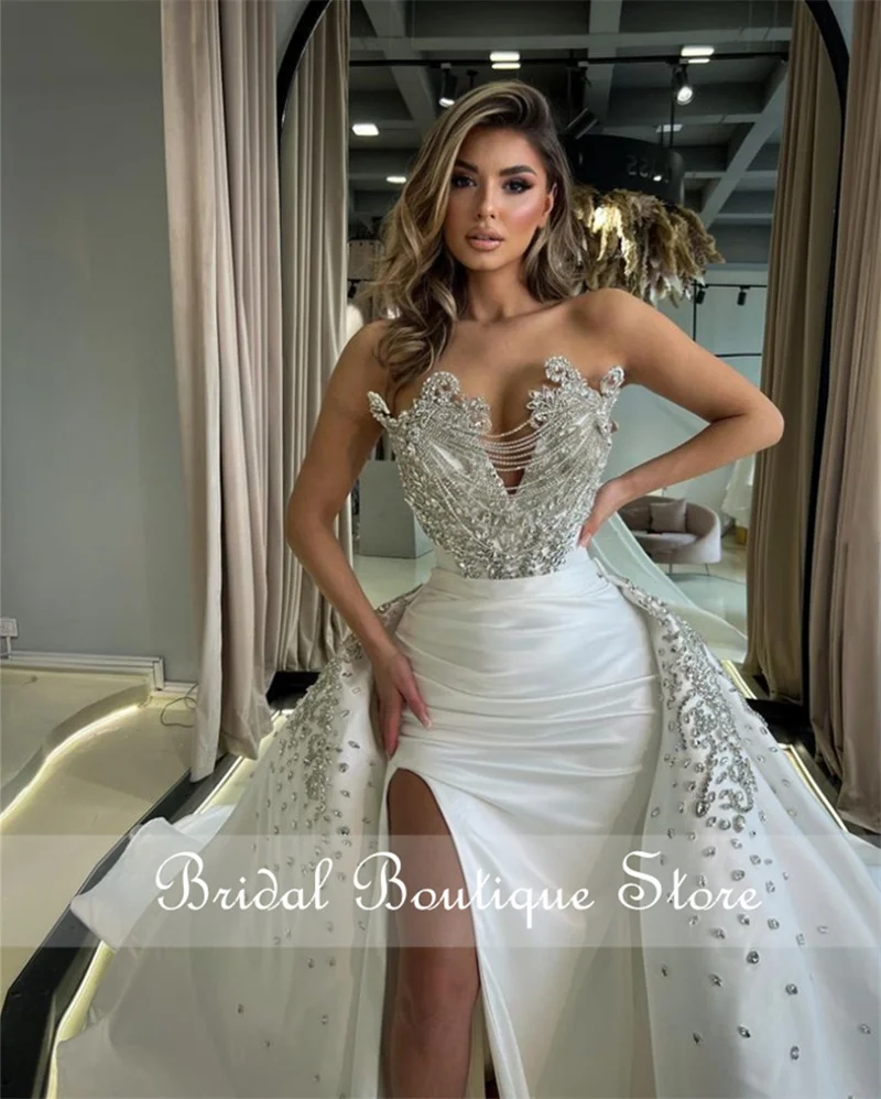 Sparkly Diamonds Mermaid Wedding Dresses 2024 Detachable Train Beaded Crystals Rhienstones Bridal Gowns Vestido De Novia