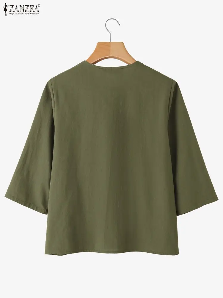 ZANZEA Vintage Koszule Damskie z Bawełny i Lnu Casualowe z Okrągłym Dekoltem, Długim Rękawem, Zapinane na Guziki, Jednolite Kolory, Wiosna 2026, Odzież Damska S-3XL