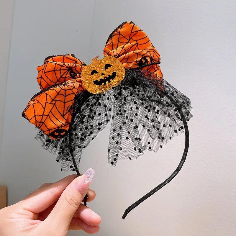 Halloween Spider Web Pumpkin Bow Headband Black Polka Dot Tulle Lace Hair Hoop Women GirlsCosplay Party Costume Hair Accessories