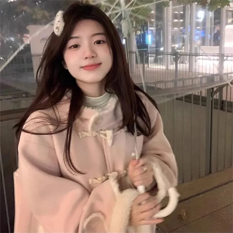 Korean Horn Pink Woolen Coat For Autumn Winter Cute High-End Medium To Long Small Woolen Coat With Hood Autumn Winter Pink Coat