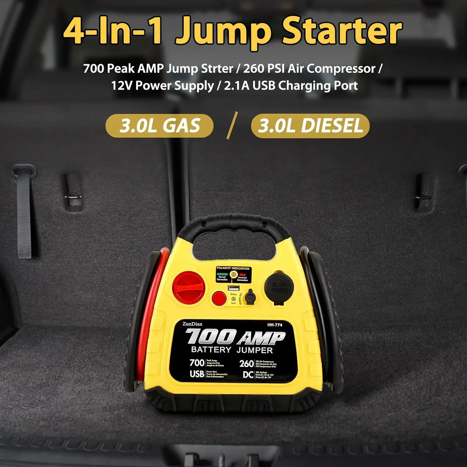 Jump Starter with Air Compressor 260PSI, 1000A Portable Car Jump Starter 4-in-1 Battery Booster Pack for Vehicles(3L Gas/Diesel)