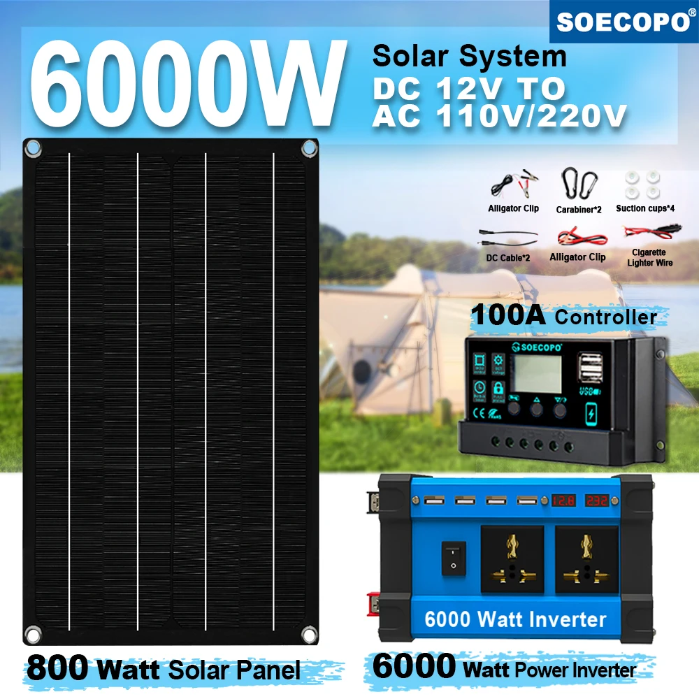

6000W Off-Grid Solar Kit with 800W Panel & Inverter 12V/24V-110V/220V for Home, Camping, RV 12V Battery System 100A Controller