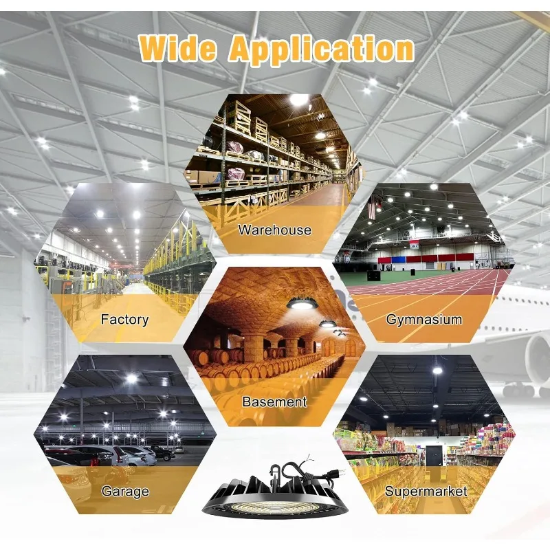 High Bay Light 200W 4 عبوات، 32,000LM (160LM/W) 1-10V قابل للتعتيم، كابل 5 بوصات مع قابس، خطاف تعليق، حبل آمن، مدرج ETL f