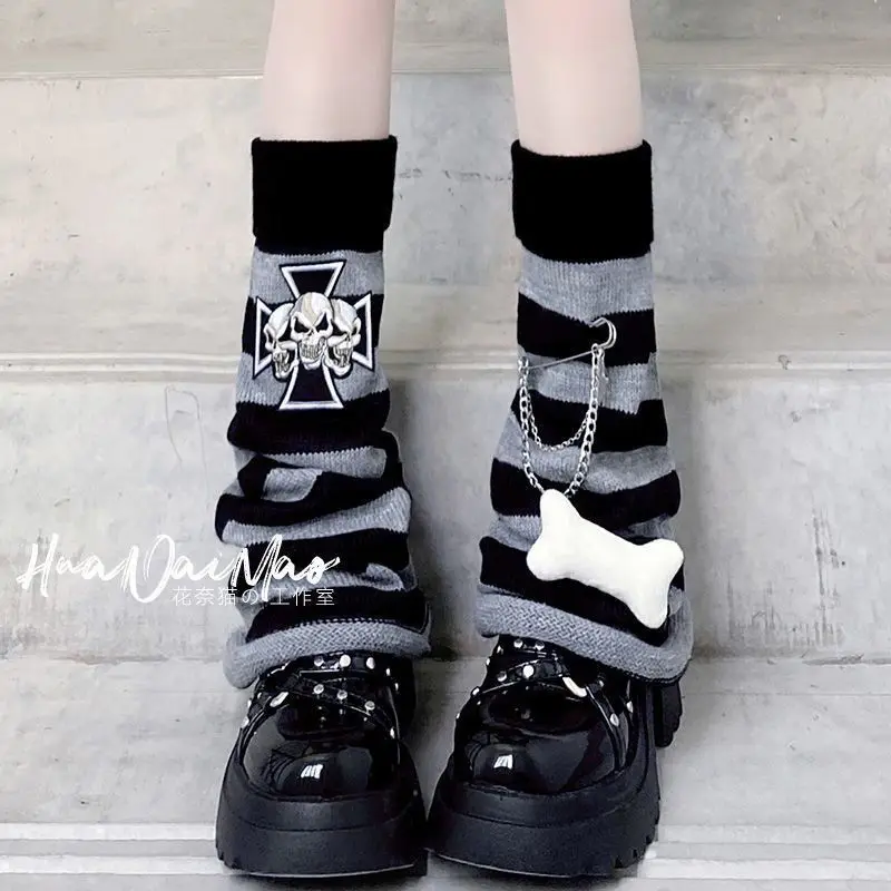 일본 하라주쿠 고딕 펑크 블랙 그레이 스트라이프 뼈 레그 워머 Y2k 레그 커버 streetwear 소녀 양말 Kint Sweet Cute Leg Sleeve