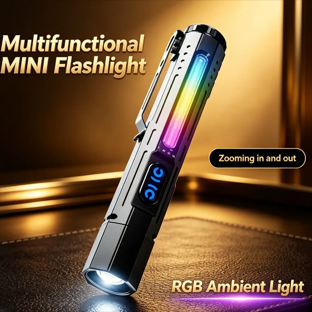 Zoomable Super‑Bright Rechargeable Flashlight RGB Color Ambient Lamp for Outdoor Camping Emergency Portable Hand Light